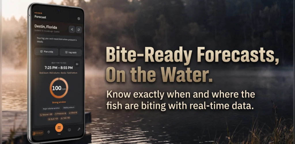 Hookr on a phone at a misty lake: Bite-Ready Forecasts, On the Water. The forecast shows a 100 score and a 7:25 to 8:55 PM window for Destin, Florida.