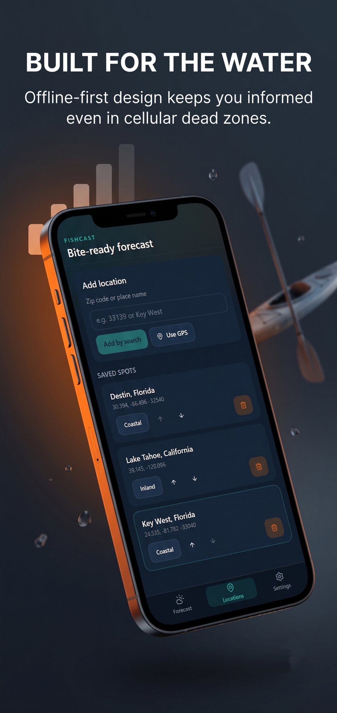FishCast Locations screen: add a spot by search or GPS, with saved coastal and inland fishing spots