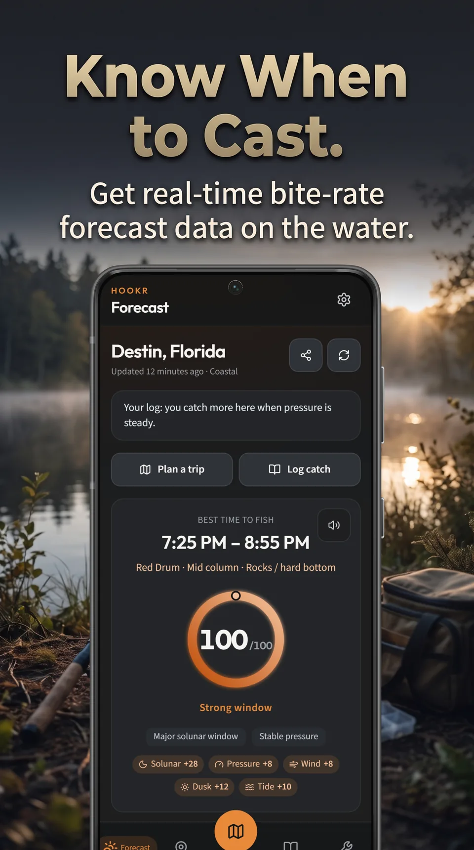 Know When to Cast. Hookr forecast for Destin, Florida with a 100 score, a 7:25 to 8:55 PM window, and reason chips for solunar, pressure, wind, dusk, and tide.