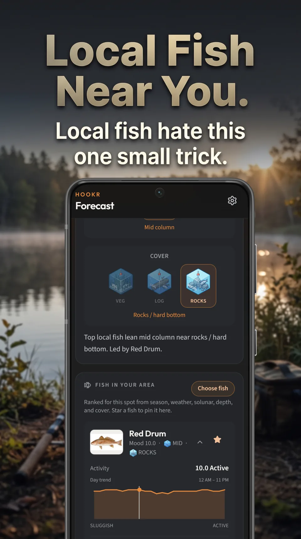Local Fish Near You. Hookr fish intel for red drum, with cover choices for vegetation, logs, and rocks.