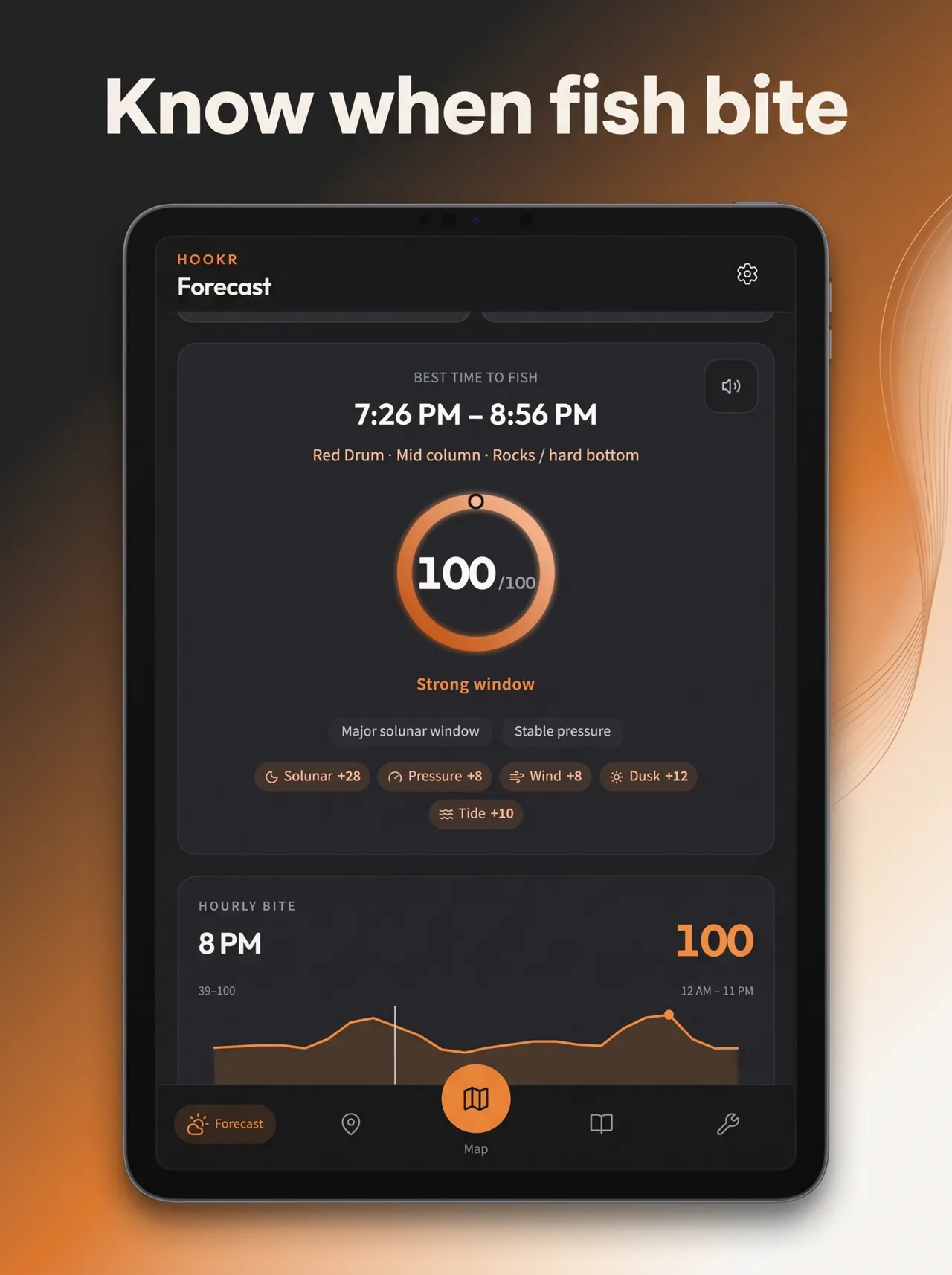 Tablet forecast titled Know when fish bite, with a 100 score from 7:26 to 8:56 PM and an hourly bite chart.
