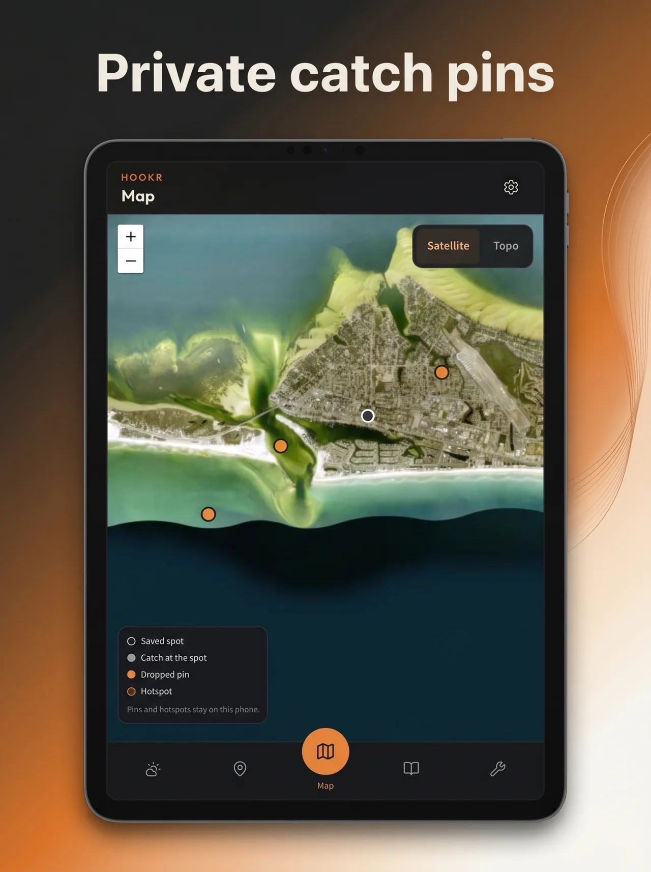 Tablet map titled Private catch pins, with saved spots, catch pins, and hotspots along a coast. The caption says pins and hotspots stay on this phone.